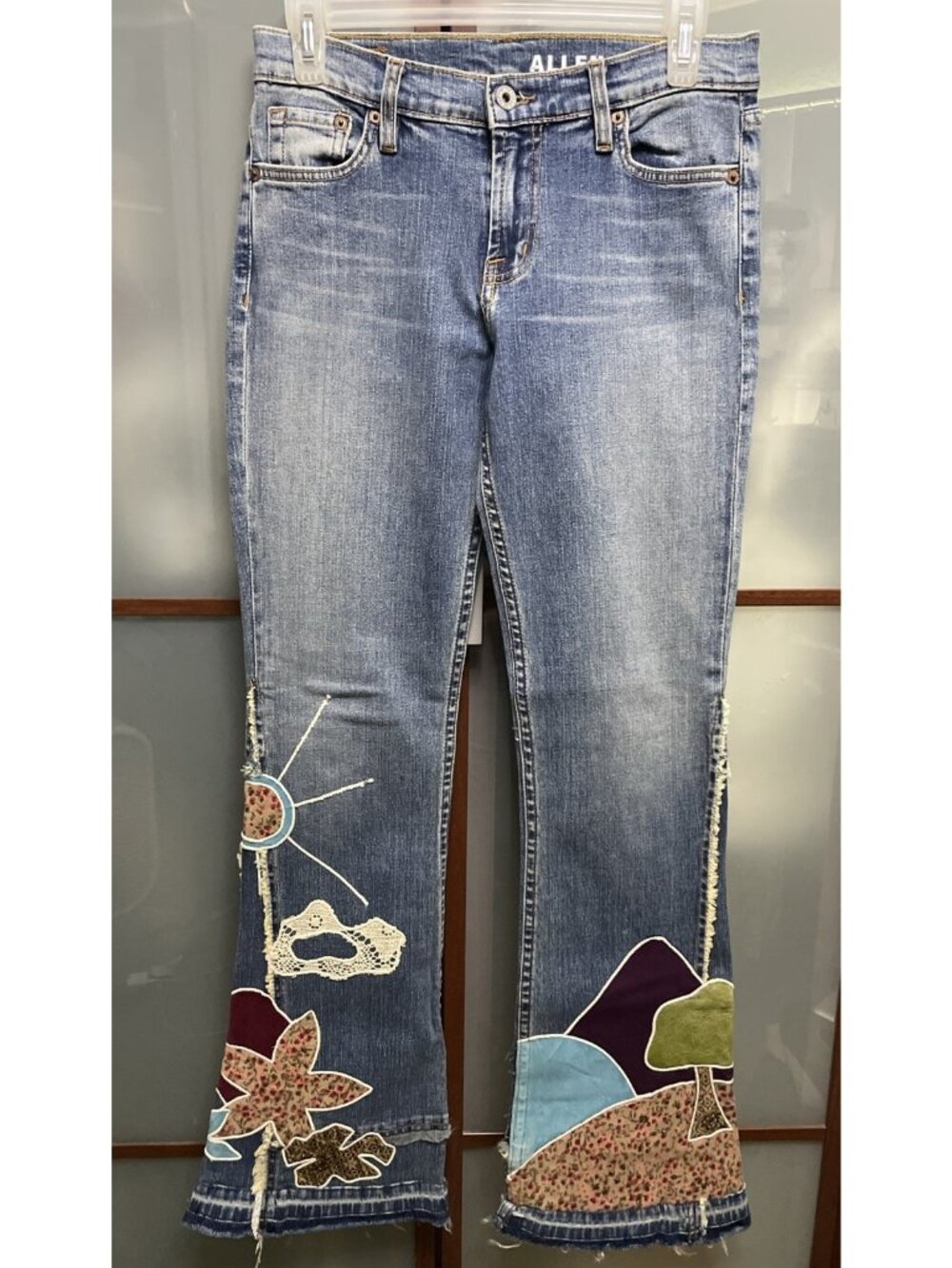 Allen B. Vintage Y2K Size 28 Patchwork Flare Embroidered Denim Jeans Boho Hippie
